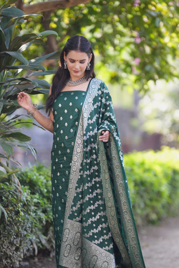 Banarasi Silk Salwar Kameez Fabric With Silver Zari Weaving With Dupatta-Green