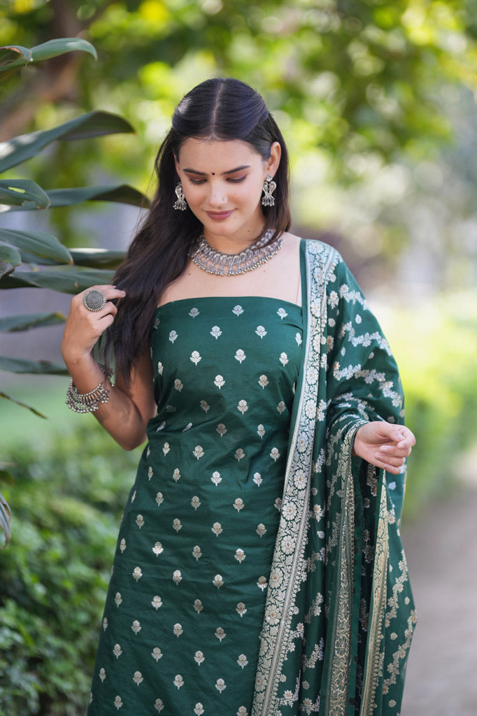 Banarasi Silk Salwar Kameez Fabric With Silver Zari Weaving With Dupatta-Green