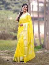 Banarasi Soft Cotton Plain Saree With Zari Border-Yellow