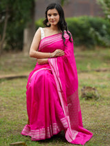 Banarasi Soft Cotton Plain Saree With Silver Weaving Border-Pink