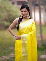 Banarasi Soft Cotton Plain Saree With Zari Border-Yellow