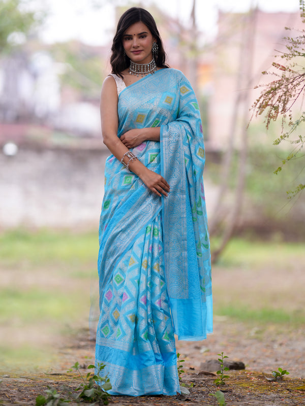 Banarasi Cotton Silk Saree With Silver Zari Weaving- Blue