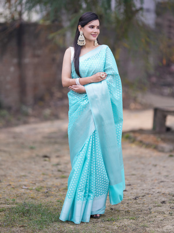 Banarasi Cotton Silk Saree with Silver Buti Zari Weaving-Blue