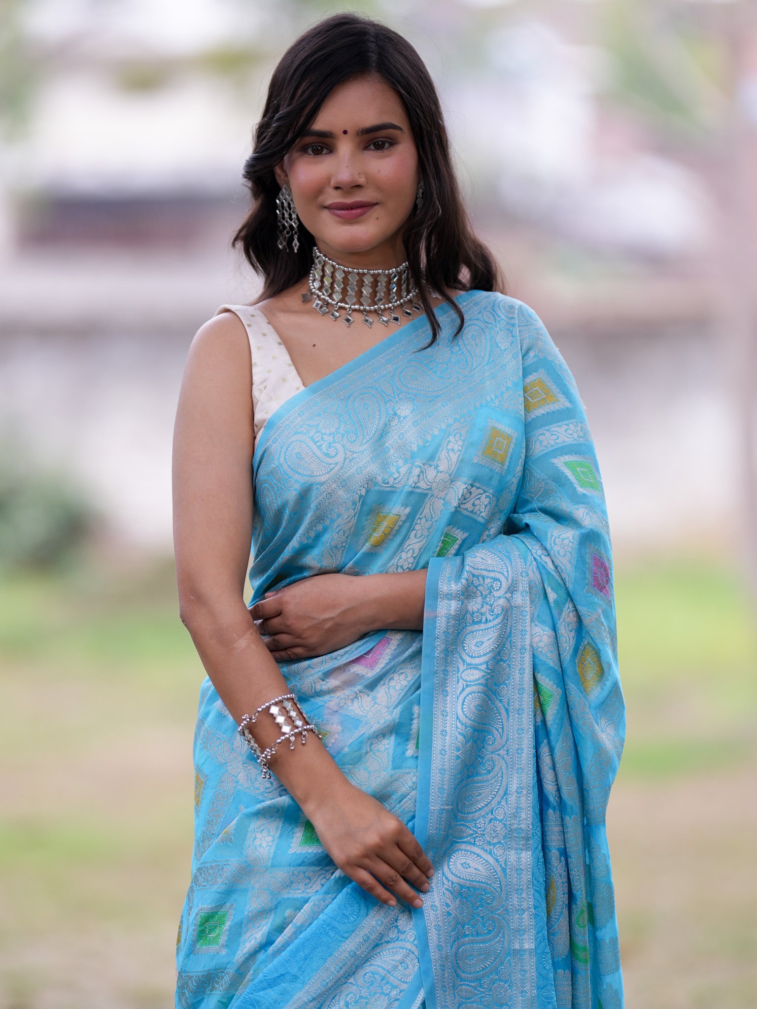 Banarasi Cotton Silk Saree With Silver Zari Weaving- Blue