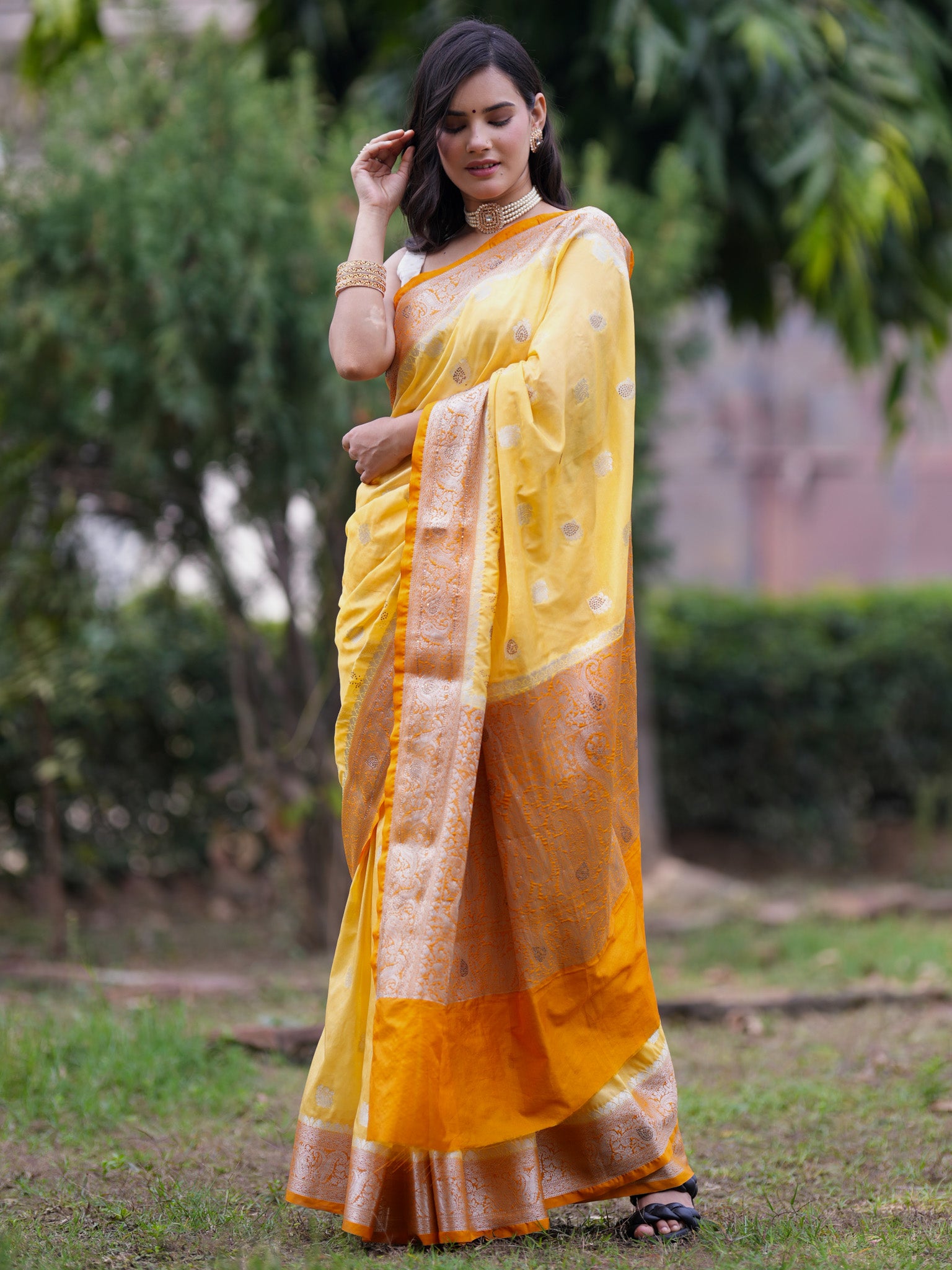 Banarasi Semi Silk Saree With Zari Border - Yellow