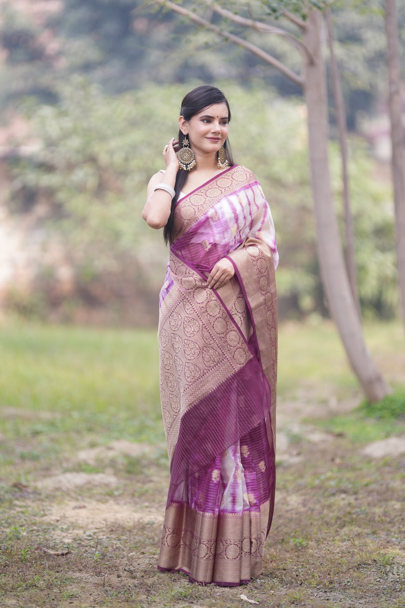 Banarasi Shibori Dyed Super Net Saree With Buti & Zari Border - Purple