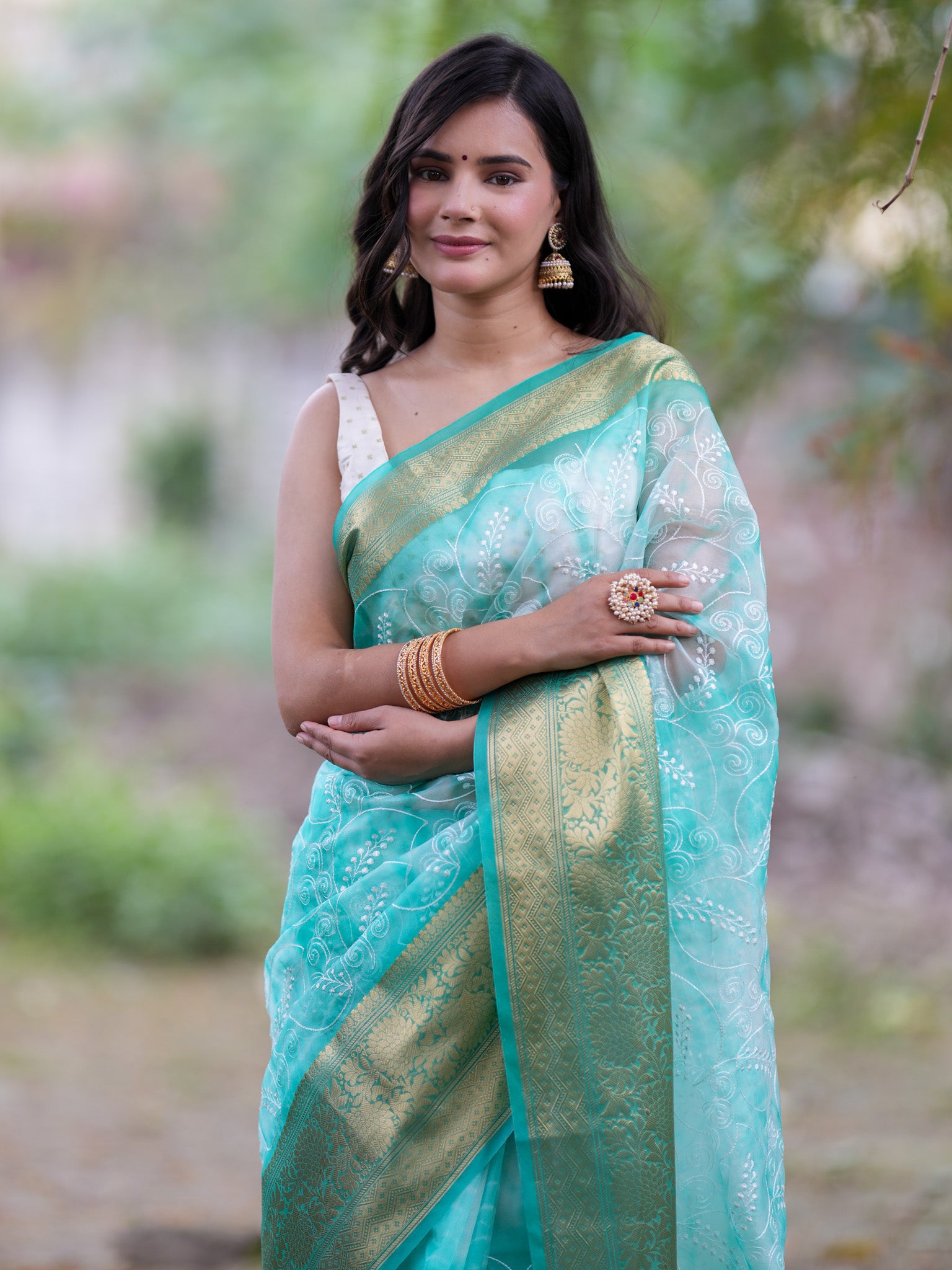 Banarasi Shibori Dyed Organza Saree With Embroidered Floral Design & Zari Border - Blue