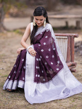 Banarasi Semi Chiffon Saree With Silver Zari Buti Weaving & Contrast Border-Wine