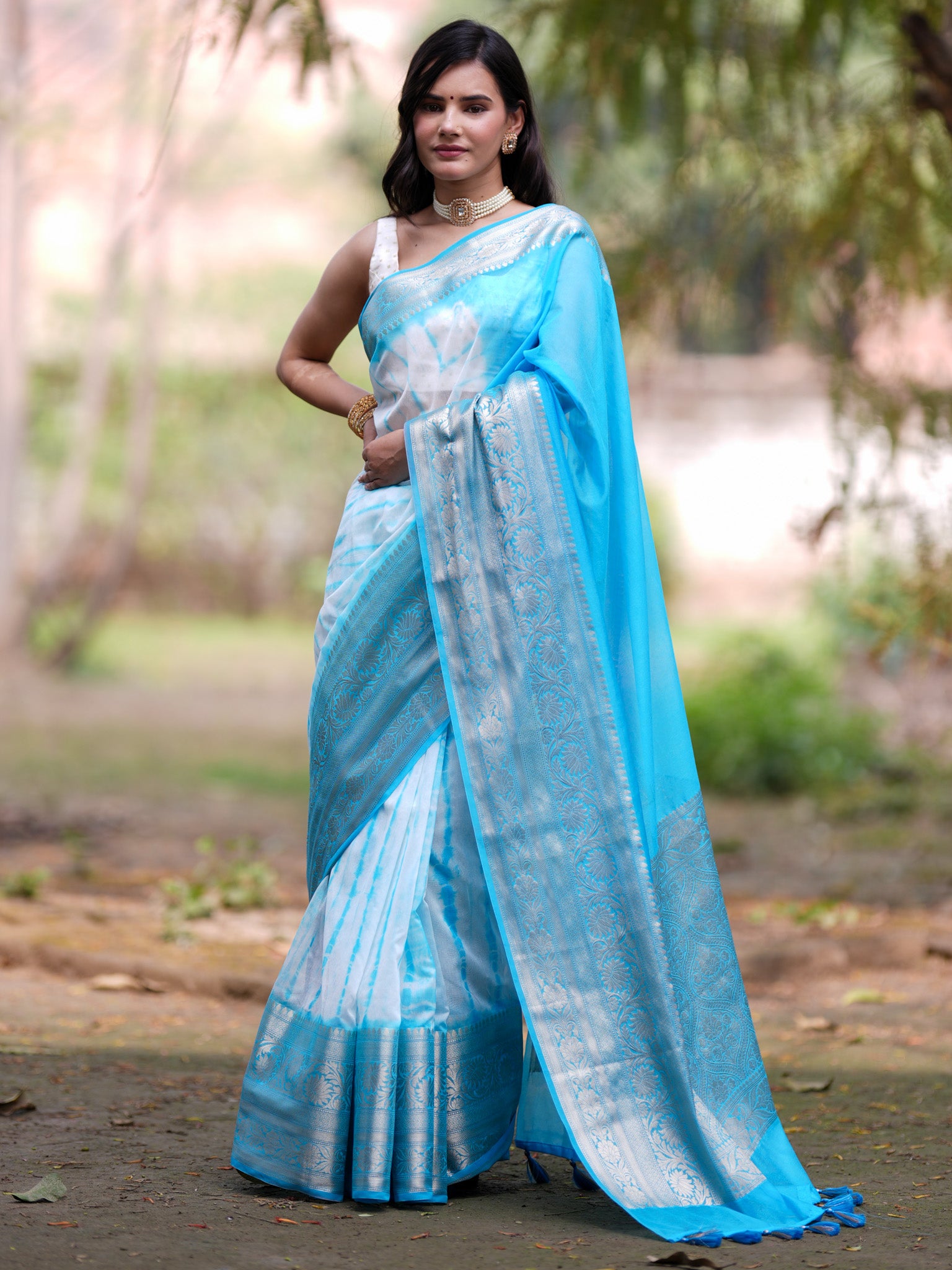 Banarasi Shibori Dyed Cotton Silk Saree With Zari Border-Blue