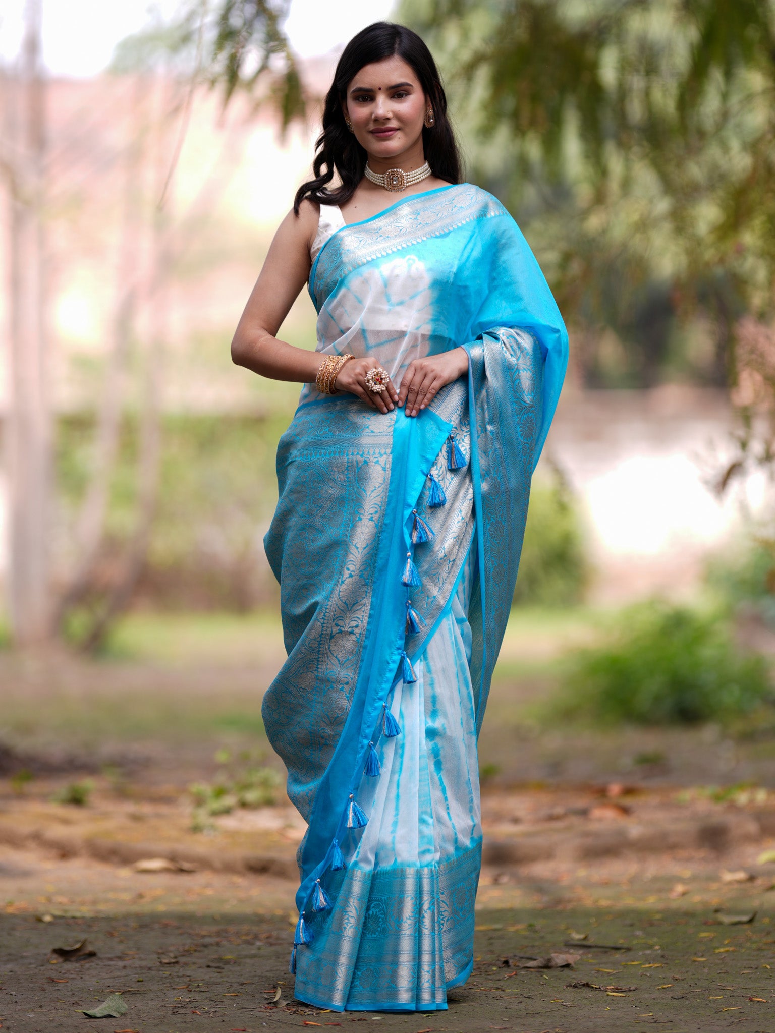 Banarasi Shibori Dyed Cotton Silk Saree With Zari Border-Blue