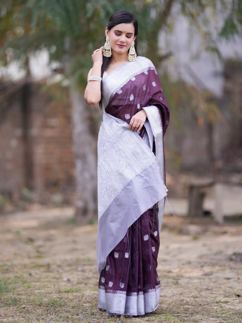 Banarasi Semi Chiffon Saree With Silver Zari Buti Weaving & Contrast Border-Wine
