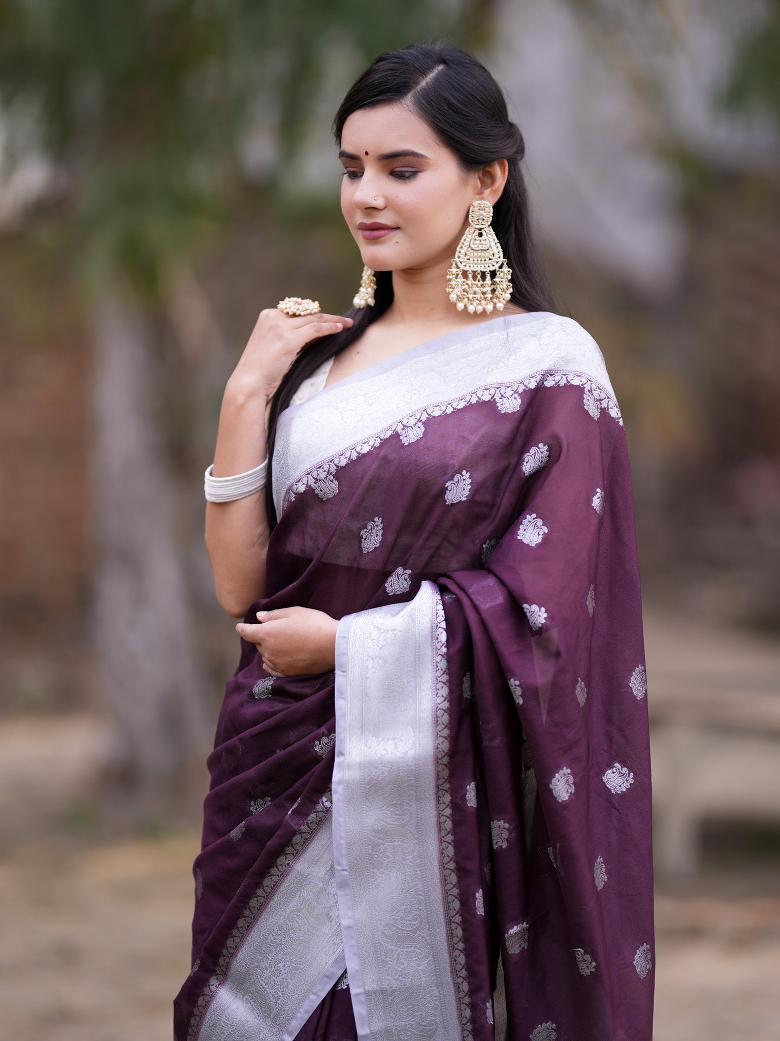 Banarasi Semi Chiffon Saree With Silver Zari Buti Weaving & Contrast Border-Wine