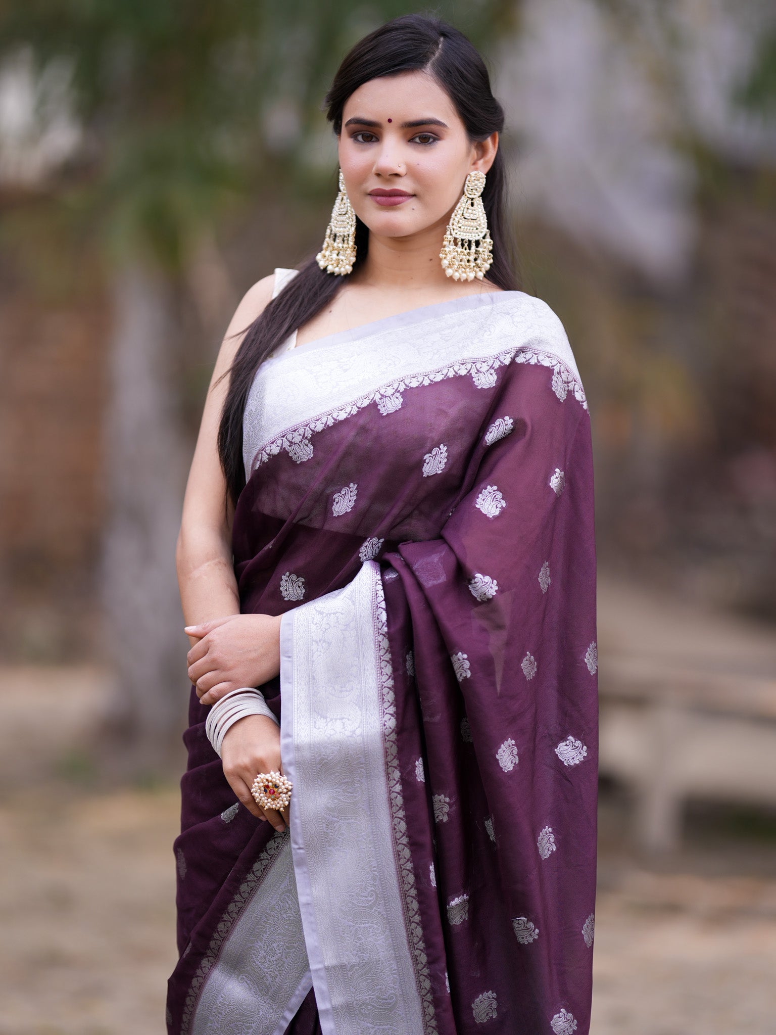 Banarasi Semi Chiffon Saree With Silver Zari Buti Weaving & Contrast Border-Wine