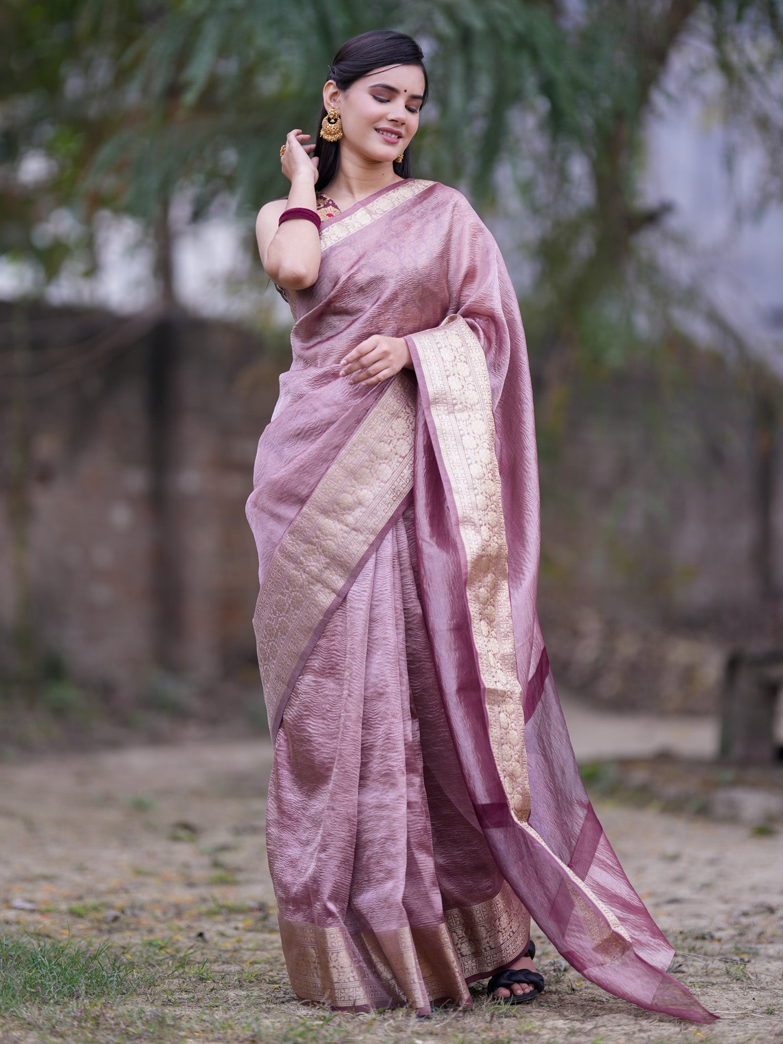 Banarasi Crushed Tissue Saree With Silver Weaving Border-Mauve