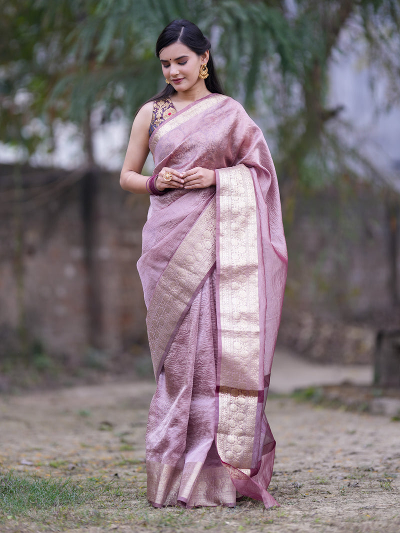 Banarasi Crushed Tissue Saree With Silver Weaving Border-Mauve