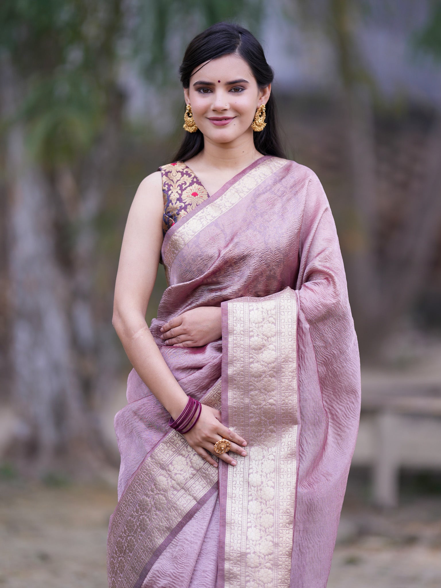 Banarasi Crushed Tissue Saree With Silver Weaving Border-Mauve