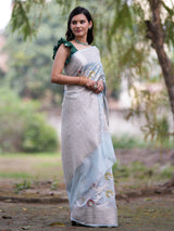 Banarasi Cotton Silk Saree with Floral Weaving & Border-Blue
