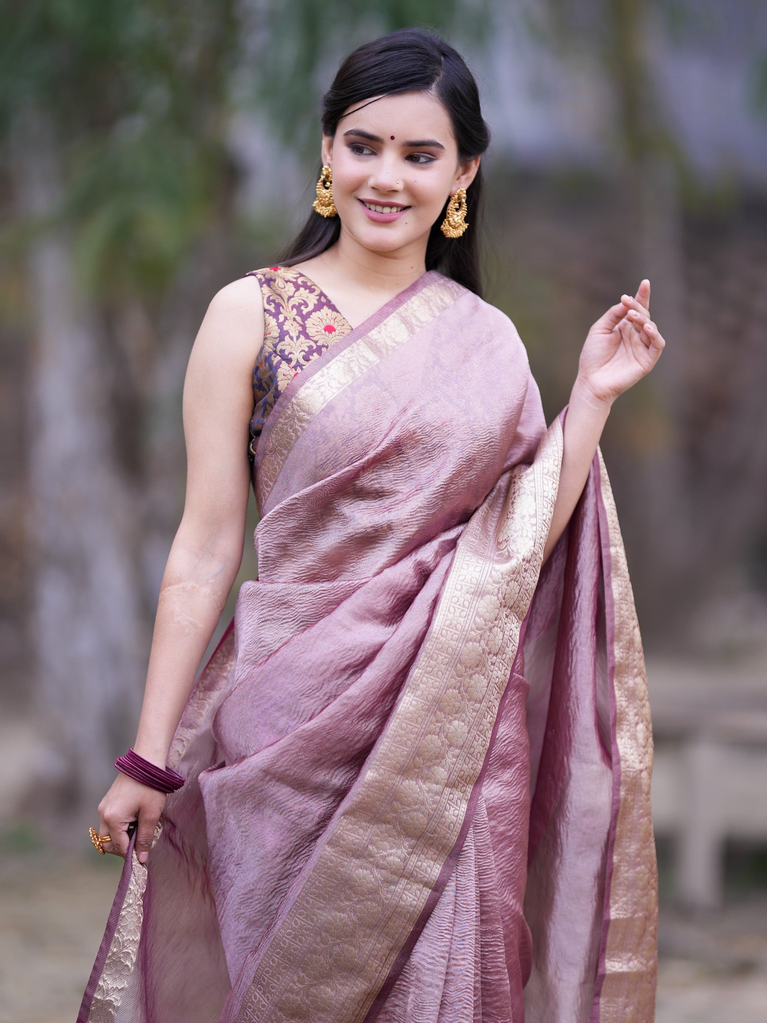 Banarasi Crushed Tissue Saree With Silver Weaving Border-Mauve