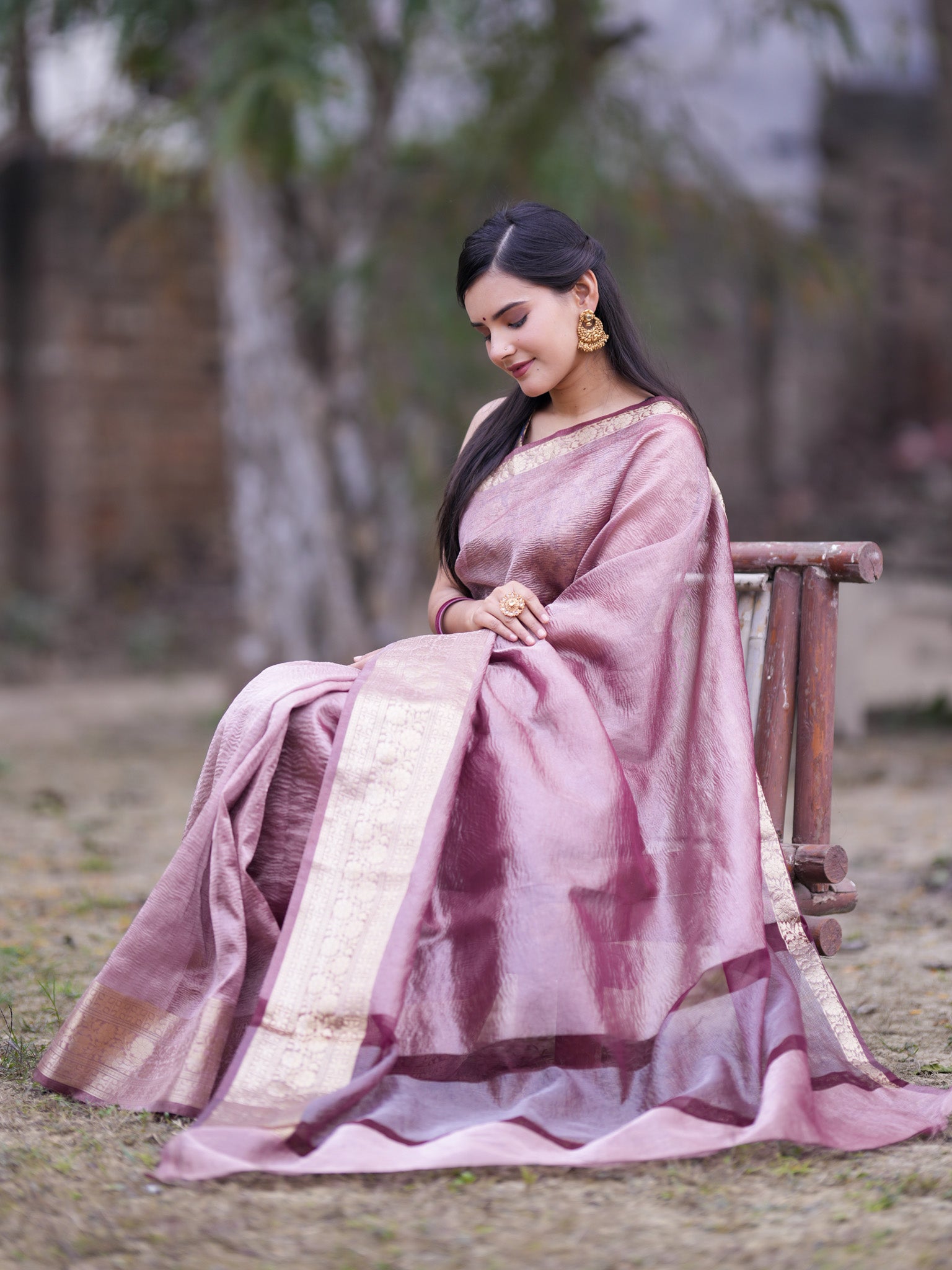 Banarasi Crushed Tissue Saree With Silver Weaving Border-Mauve