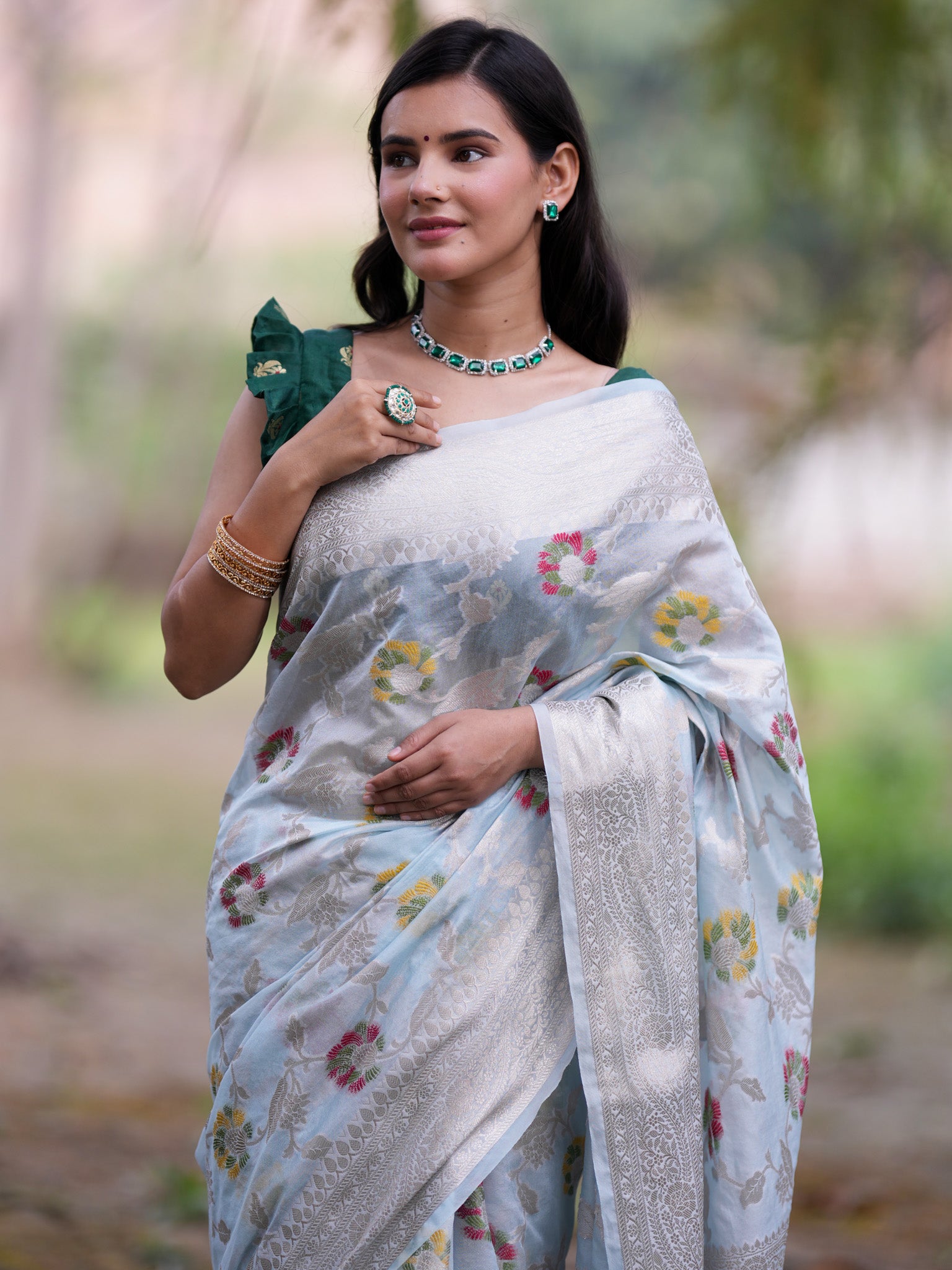 Banarasi Cotton Silk Saree with Floral Weaving & Border-Blue