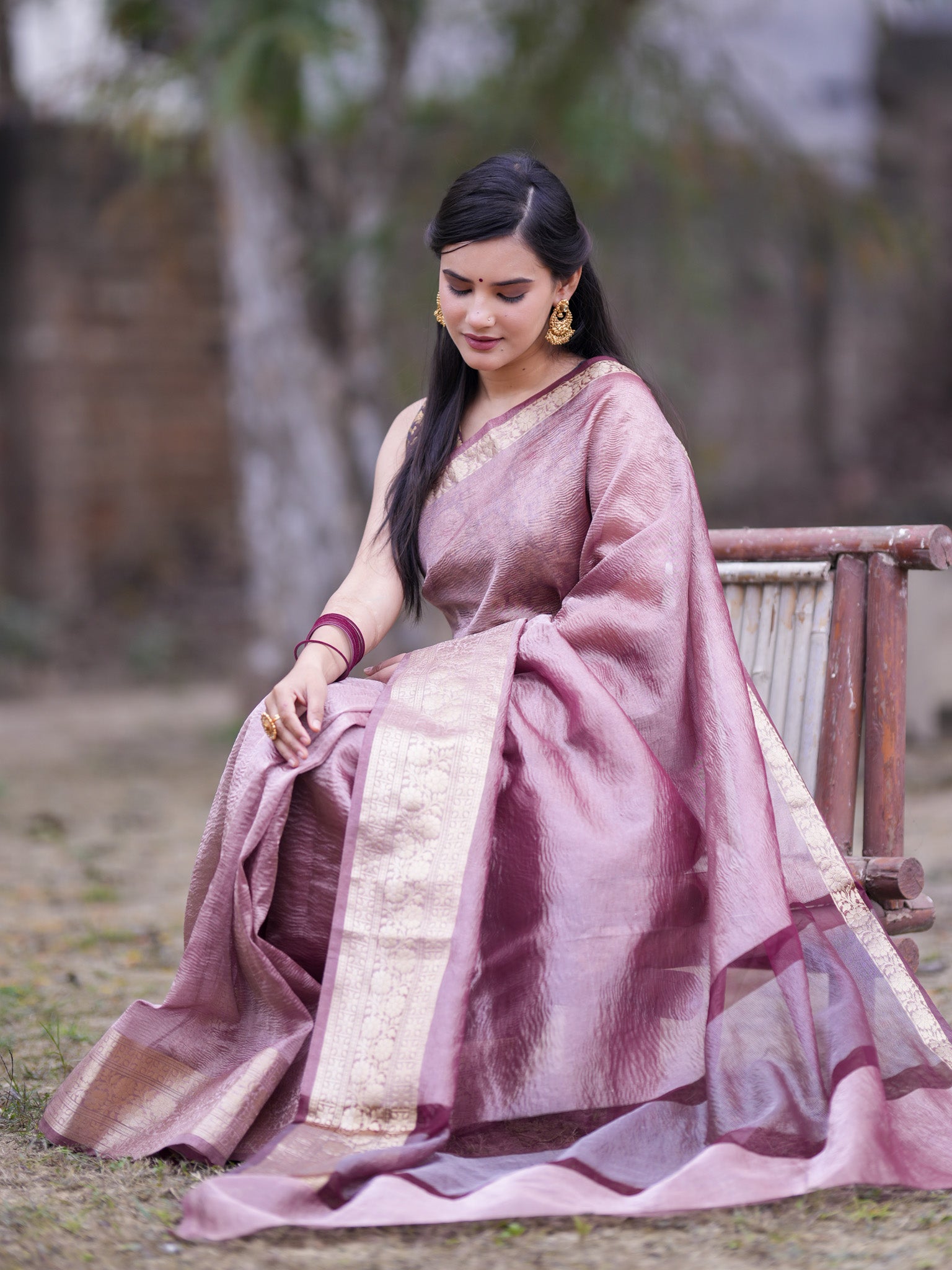 Banarasi Crushed Tissue Saree With Silver Weaving Border-Mauve