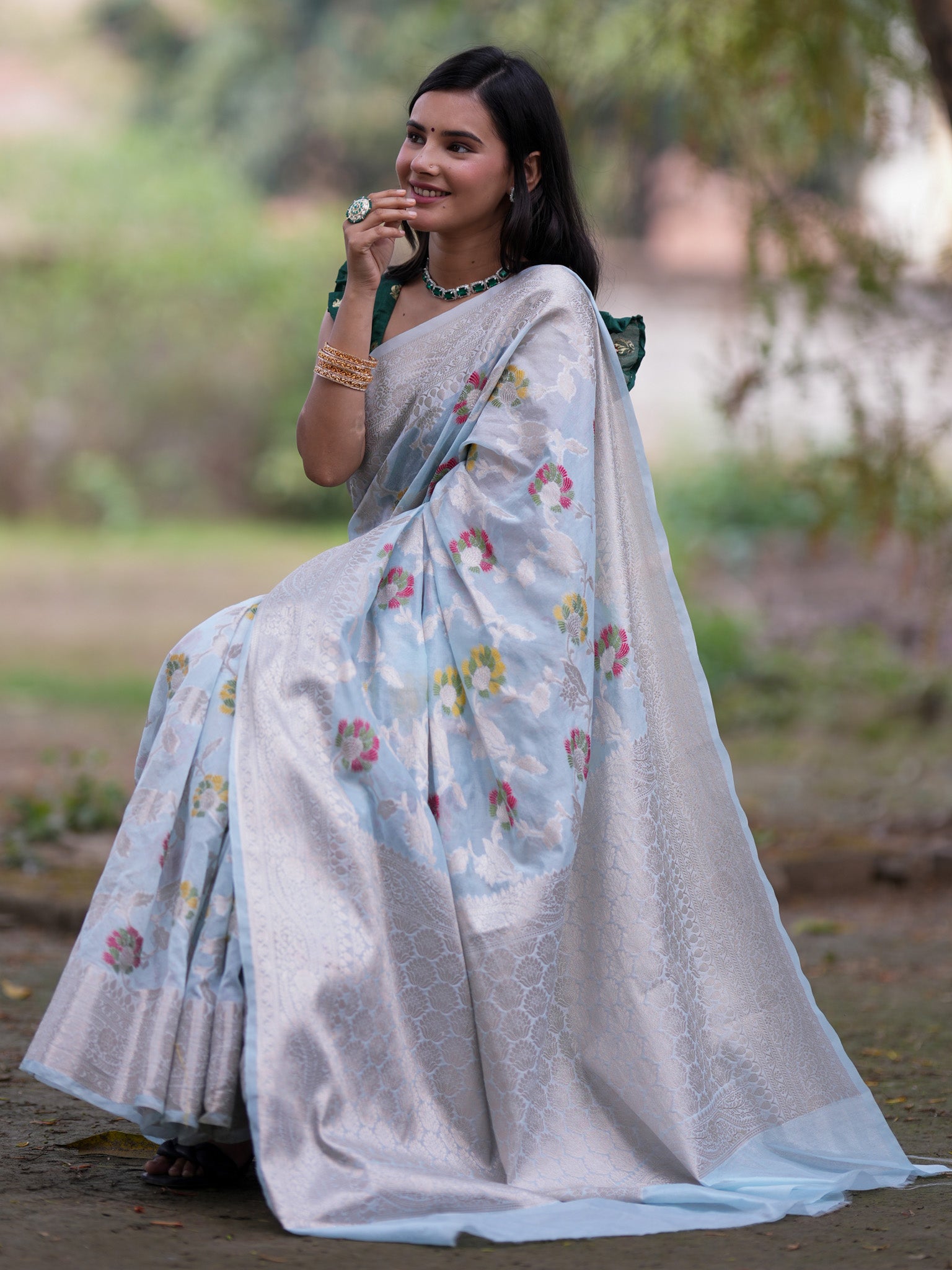 Banarasi Cotton Silk Saree with Floral Weaving & Border-Blue