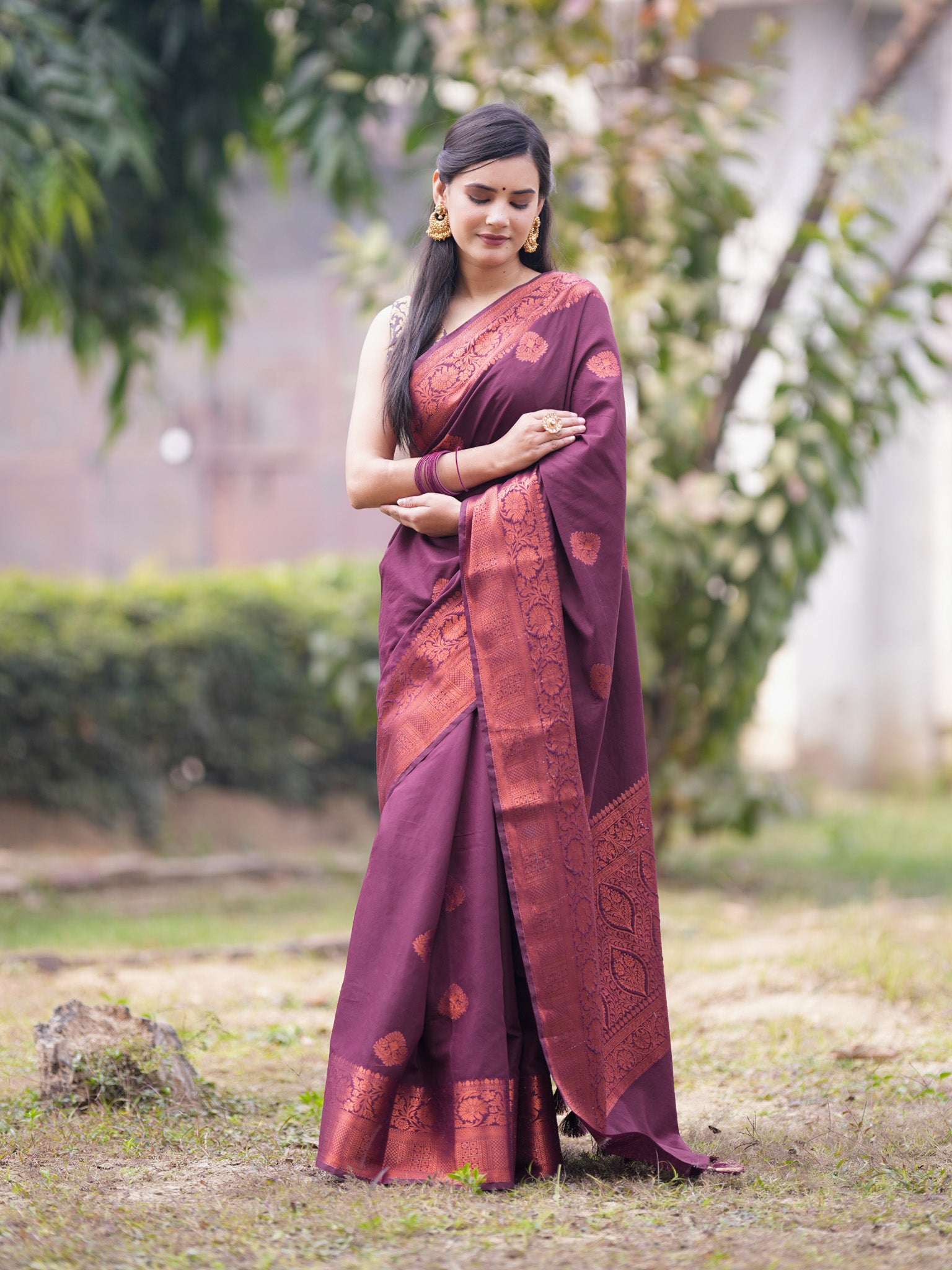 Banarasi Cotton Mix Saree With Buti & Zari Border - Wine