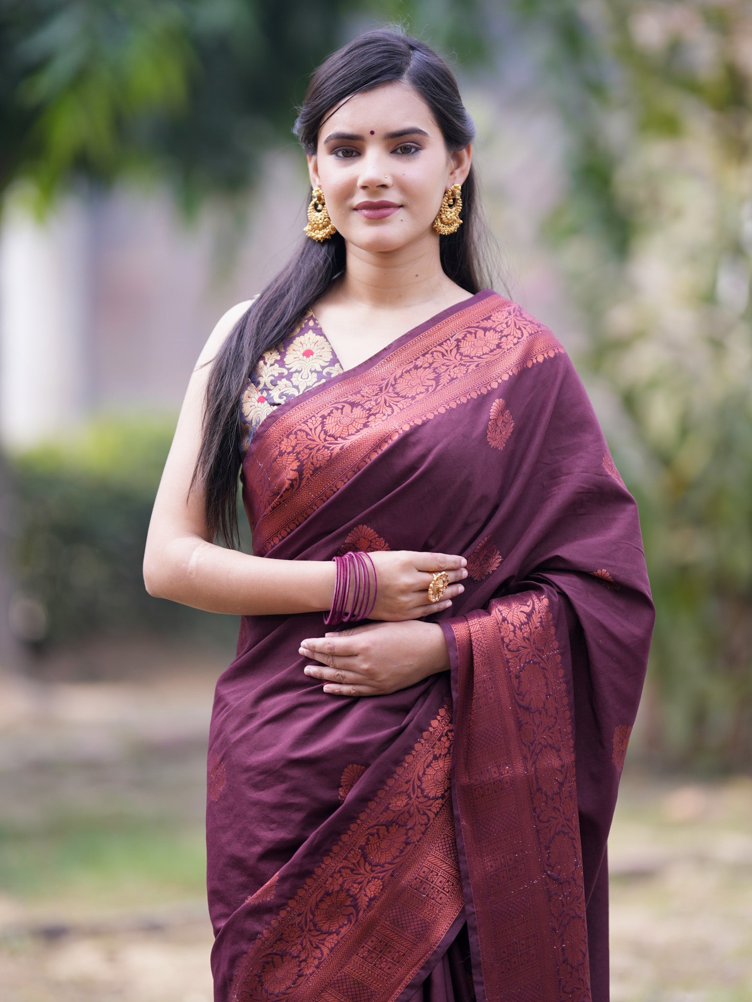 Banarasi Cotton Mix Saree With Buti & Zari Border - Wine