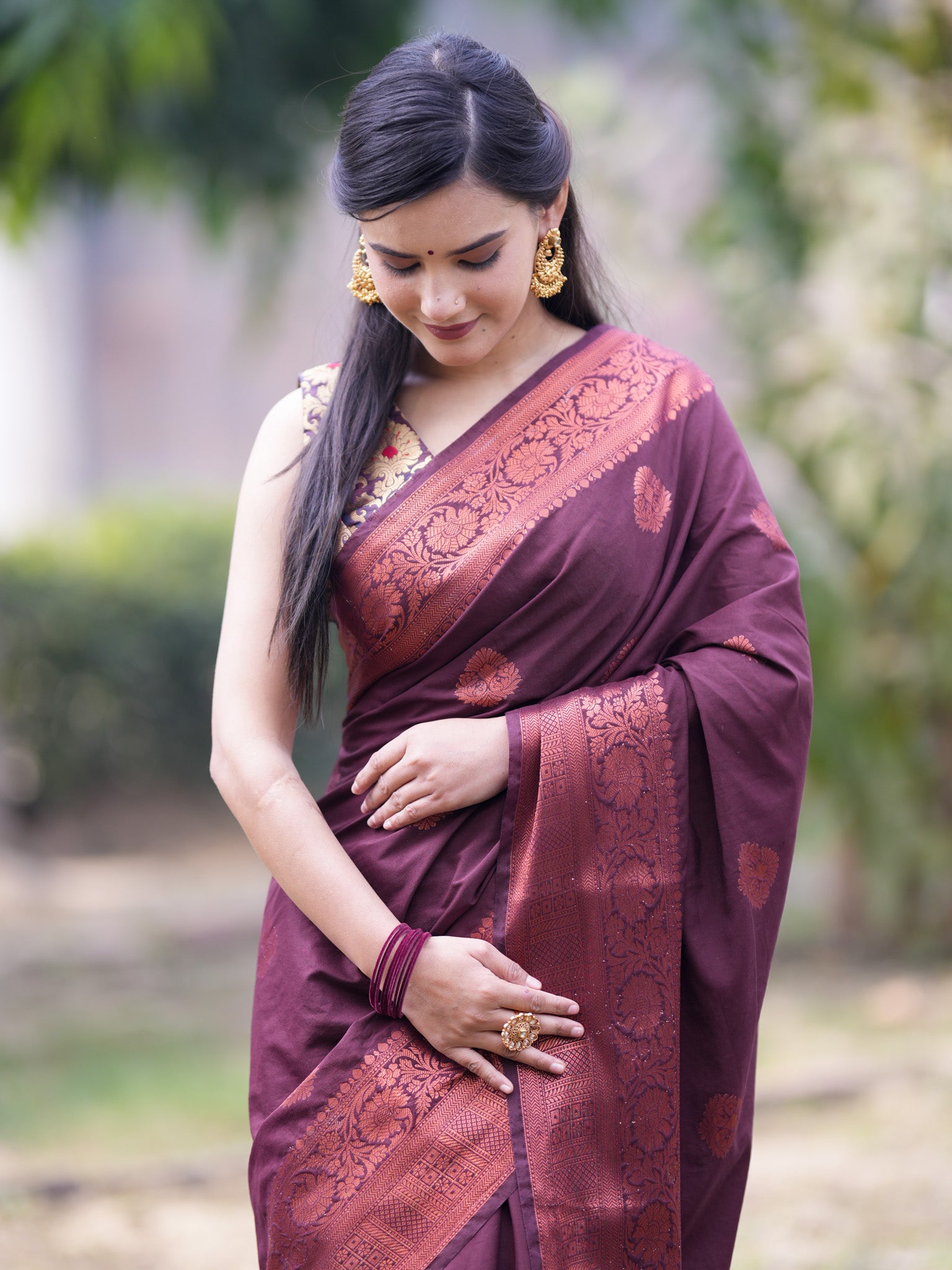 Banarasi Cotton Mix Saree With Buti & Zari Border - Wine