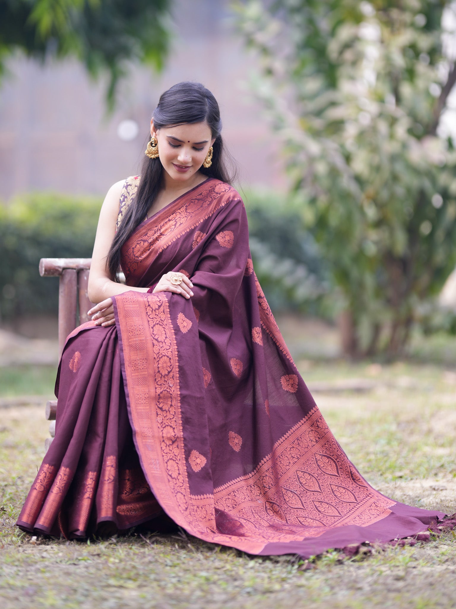 Banarasi Cotton Mix Saree With Buti & Zari Border - Wine