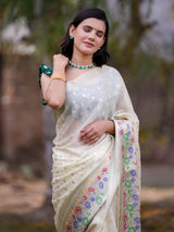 Banarasi Kora Saree With Zari Weaving & Meena Border-Off White