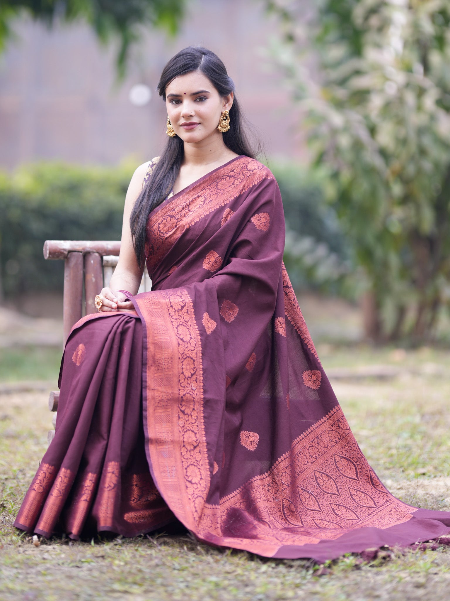 Banarasi Cotton Mix Saree With Buti & Zari Border - Wine