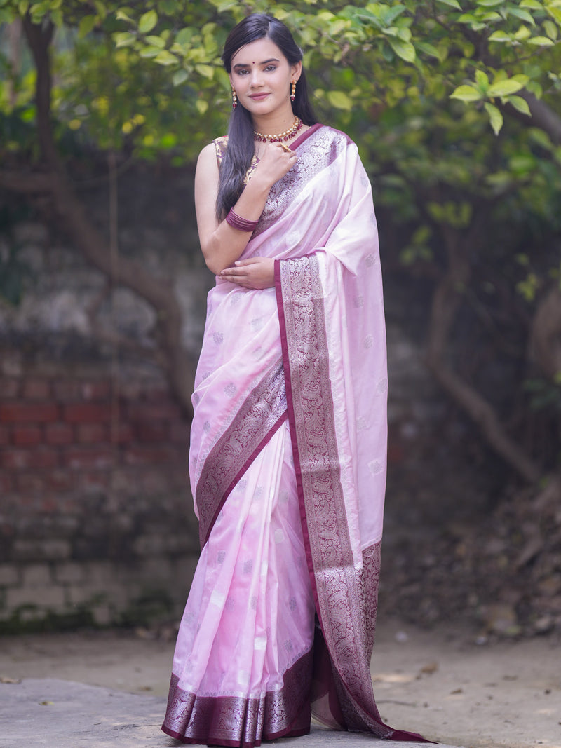 Banarasi Semi Chiffon Saree With Silver Zari Buti Weaving & Contrast Border-Lavender