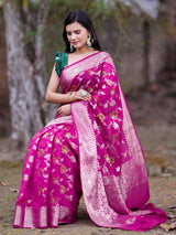 Banarasi Cotton Silk Saree with Floral Weaving & Border-Pink