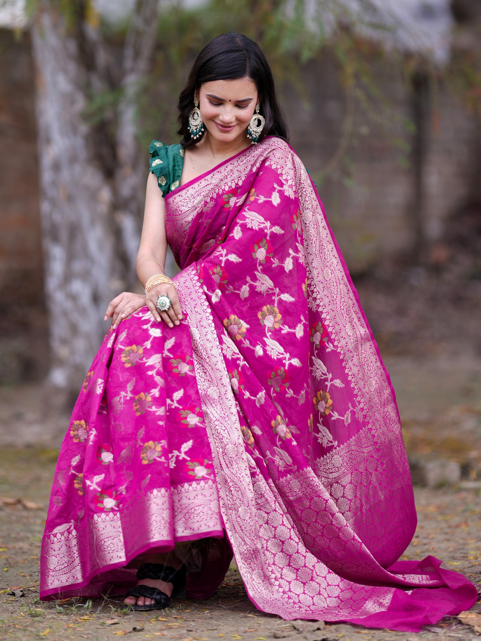 Banarasi Cotton Silk Saree with Floral Weaving & Border-Pink