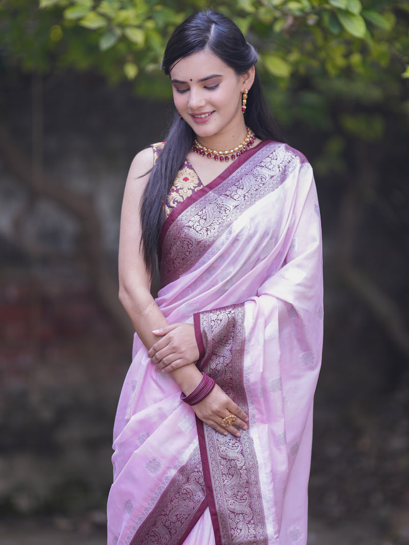 Banarasi Semi Chiffon Saree With Silver Zari Buti Weaving & Contrast Border-Lavender