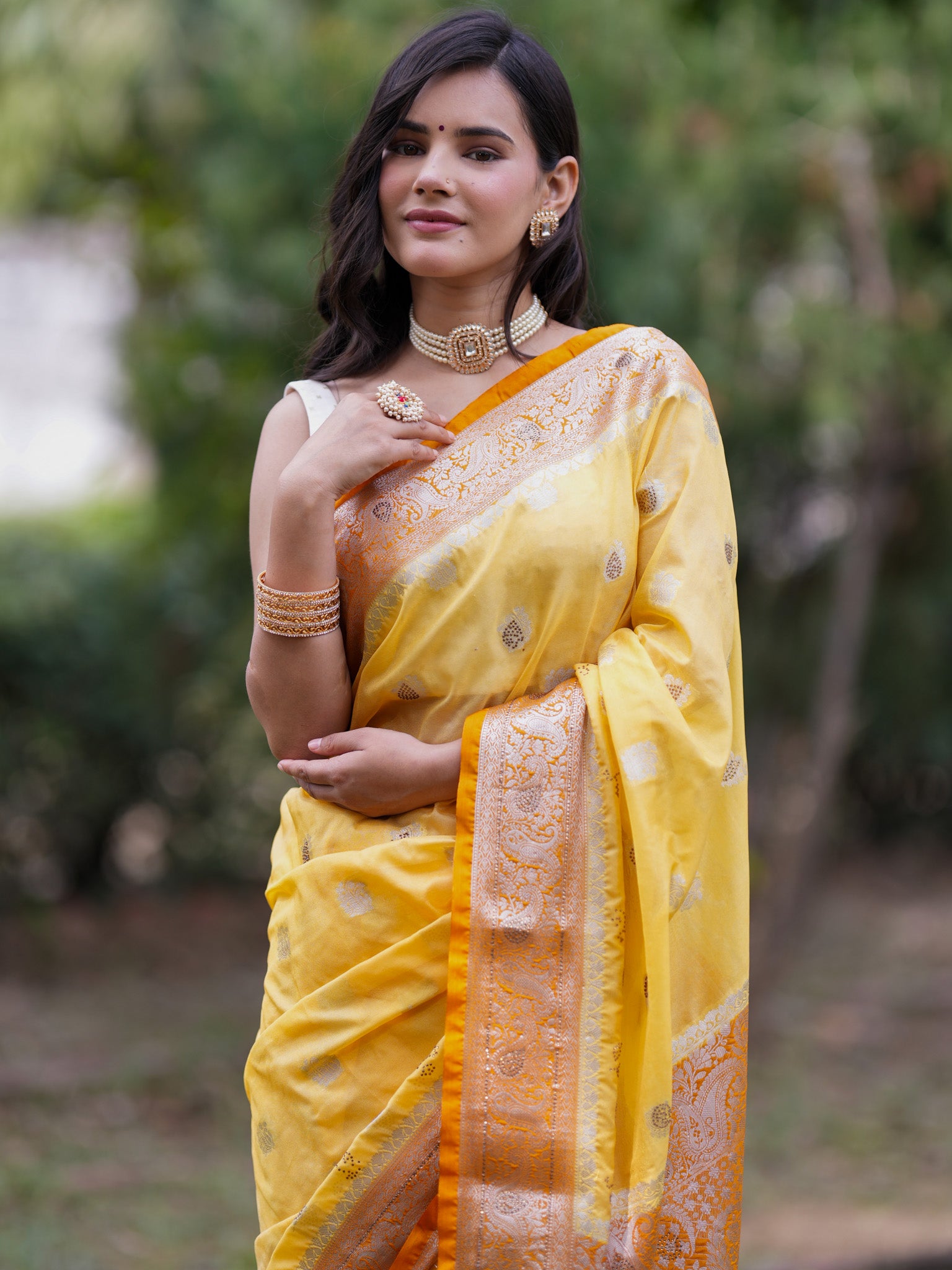 Banarasi Semi Silk Saree With Zari Border - Yellow