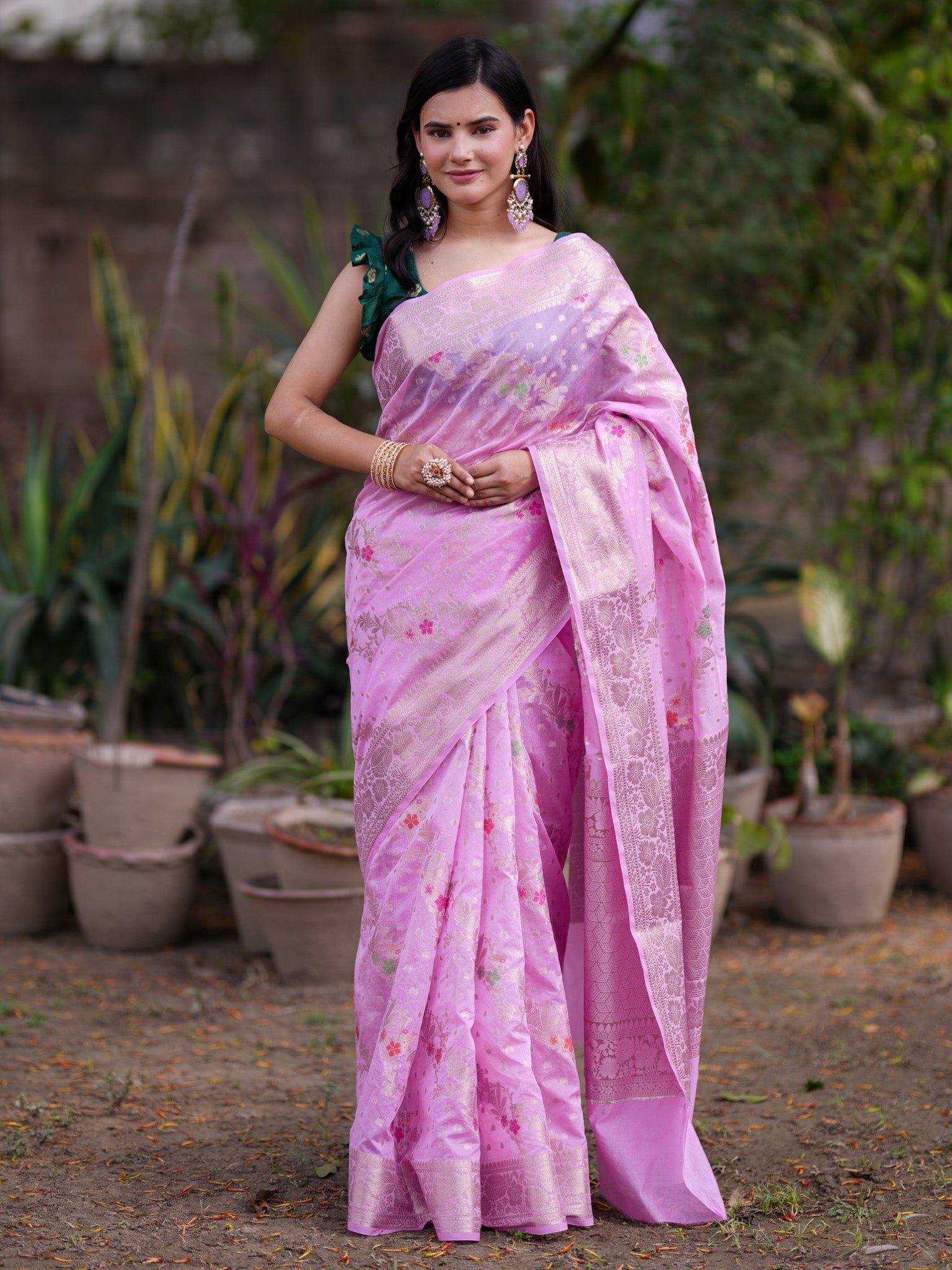 Banarasi Cotton Silk Saree with Floral Weaving & Border-Lavender