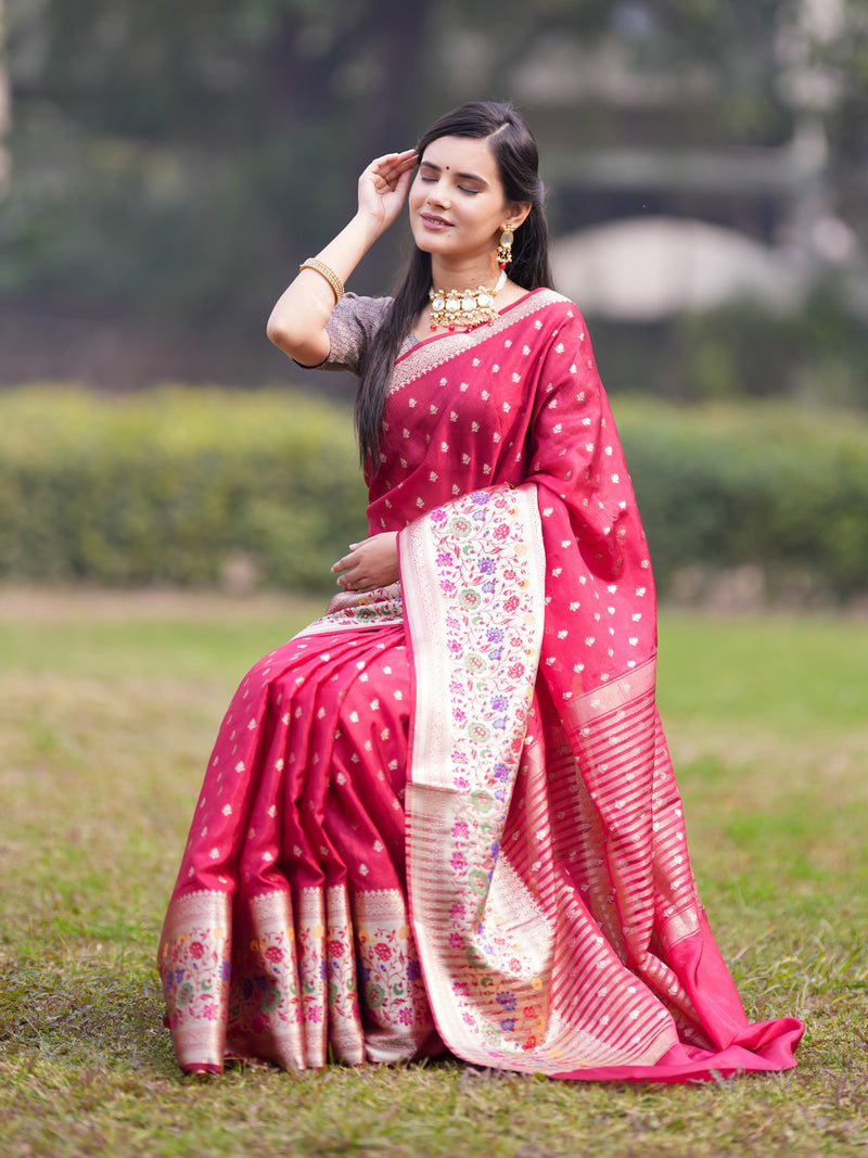 Banarasi Kora Saree With Zari Weaving & Meena Border-Red