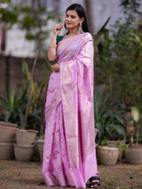 Banarasi Cotton Silk Saree with Floral Weaving & Border-Lavender