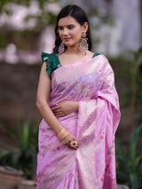 Banarasi Cotton Silk Saree with Floral Weaving & Border-Lavender