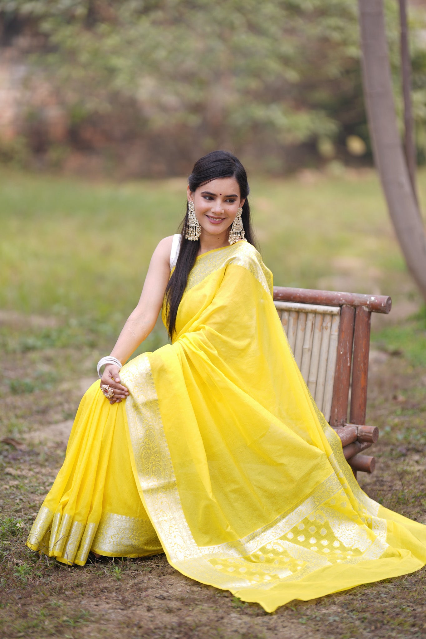 Banarasi Soft Cotton Plain Saree With Zari Border-Yellow