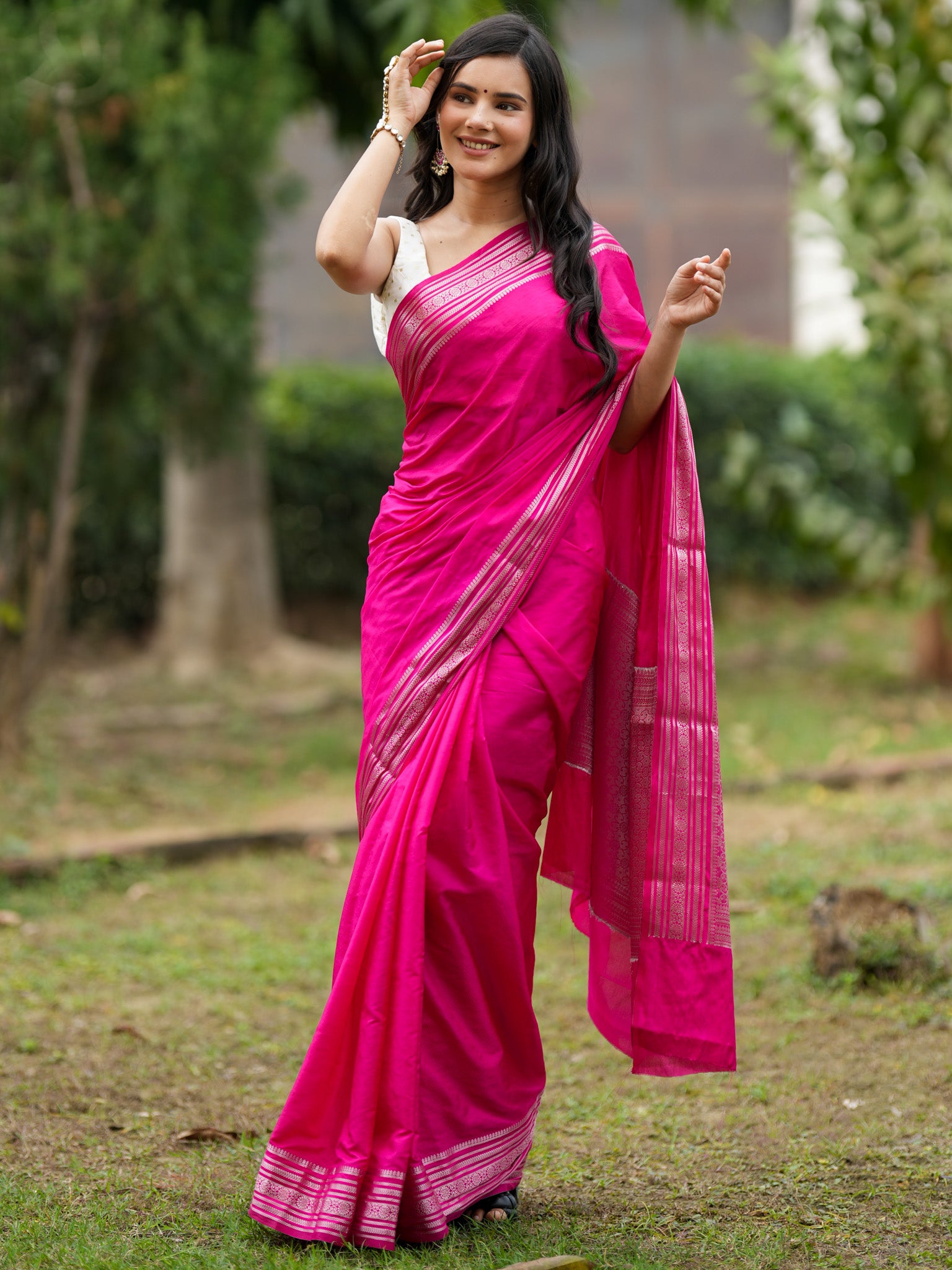 Banarasi Soft Cotton Plain Saree With Silver Weaving Border-Pink