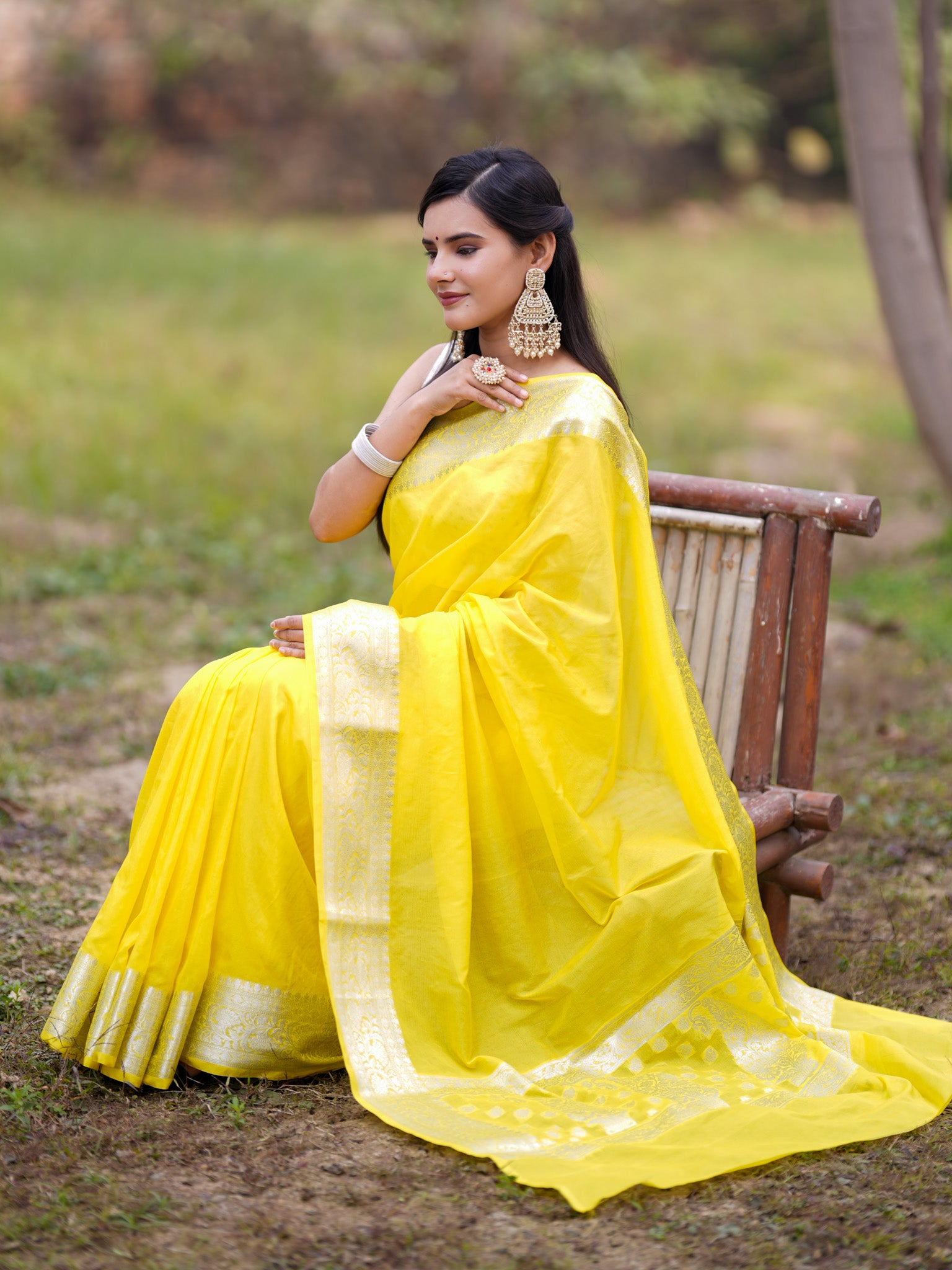 Banarasi Soft Cotton Plain Saree With Zari Border-Yellow