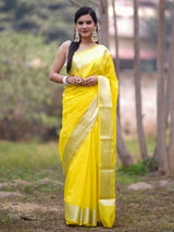 Banarasi Soft Cotton Plain Saree With Zari Border-Yellow