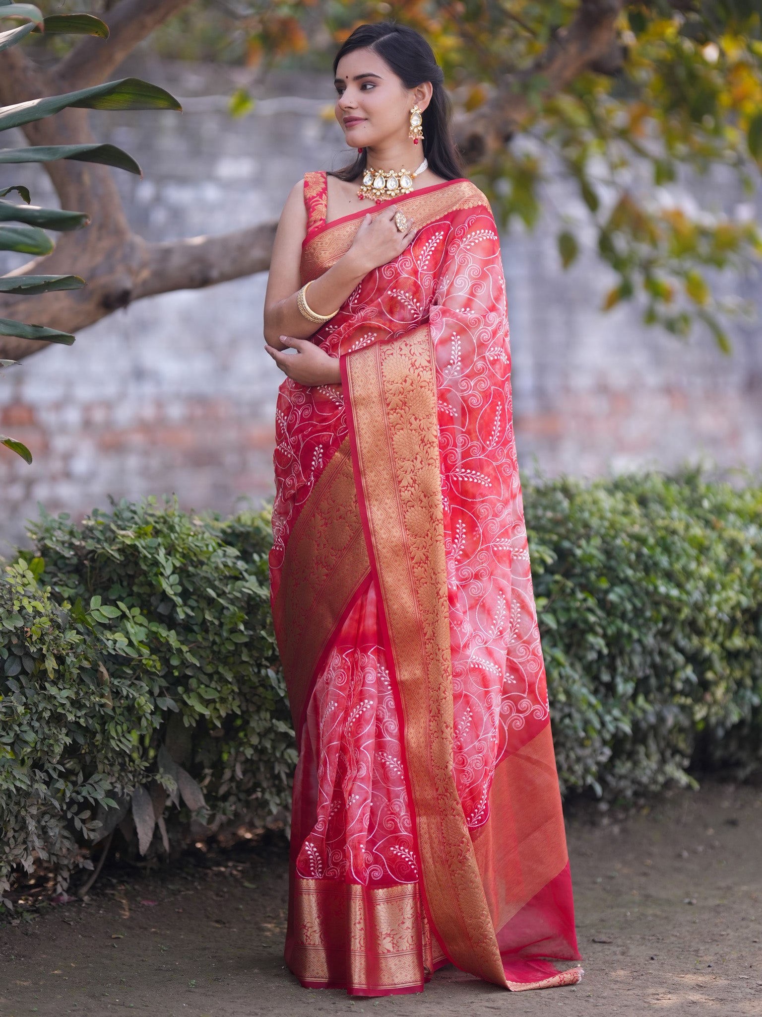 Banarasi Shibori Dyed Organza Saree With Embroidered Floral Design & Zari Border - Red