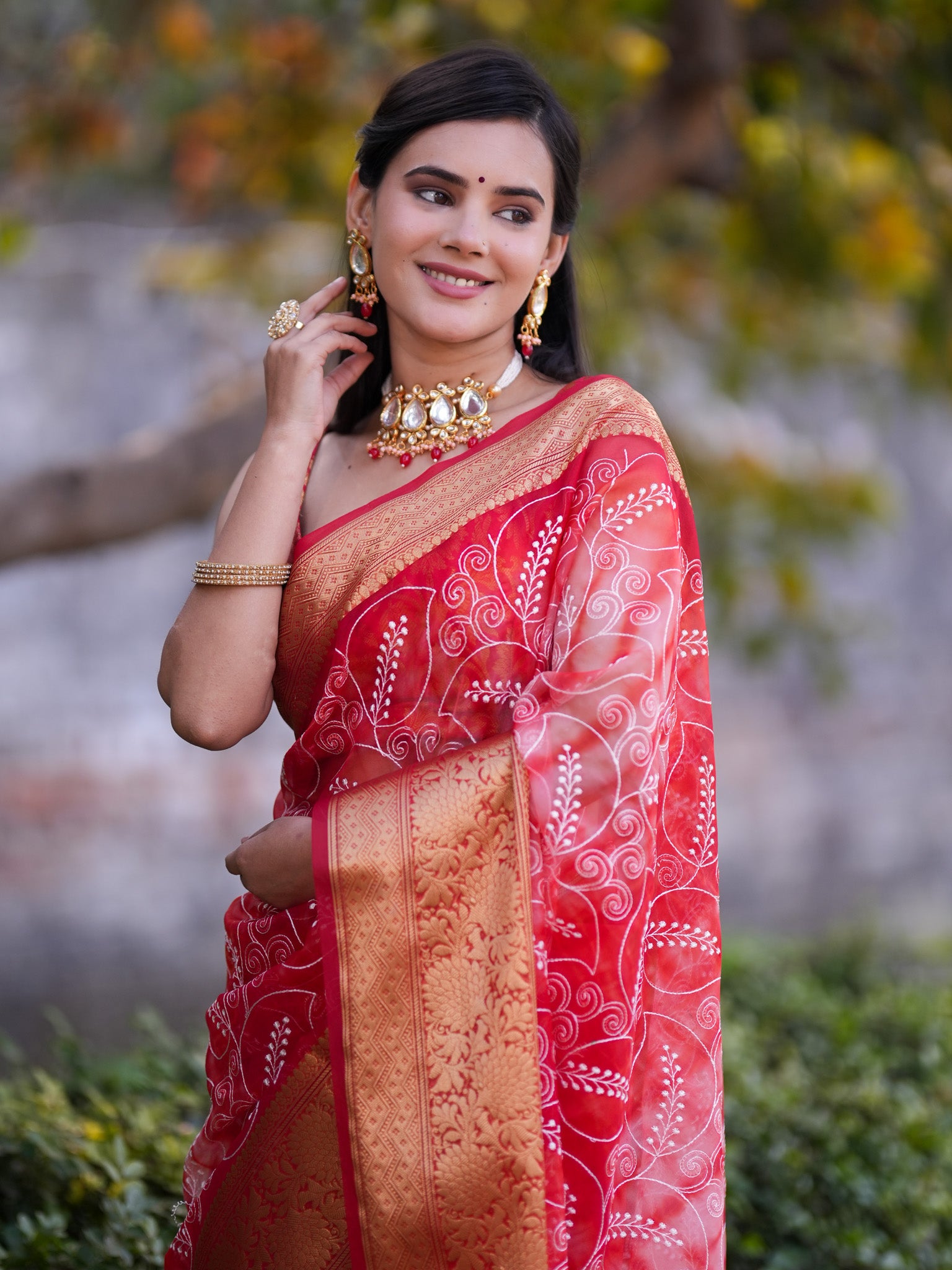 Banarasi Shibori Dyed Organza Saree With Embroidered Floral Design & Zari Border - Red