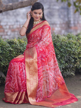 Banarasi Shibori Dyed Organza Saree With Embroidered Floral Design & Zari Border - Red