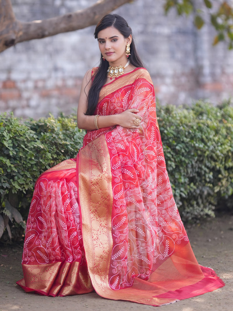 Banarasi Shibori Dyed Organza Saree With Embroidered Floral Design & Zari Border - Red