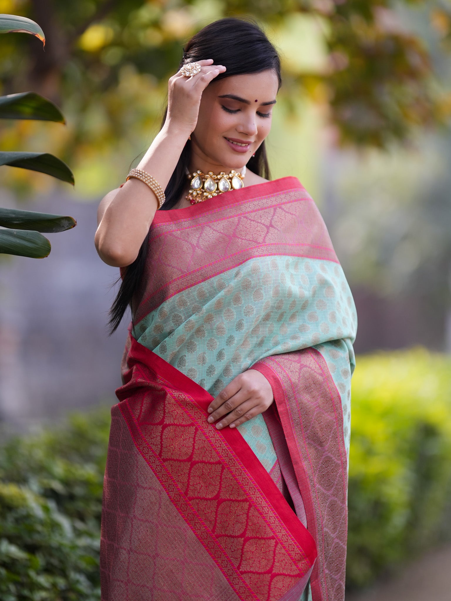 Banarasi Kota Check Saree With Contrast Border - Pastel Green